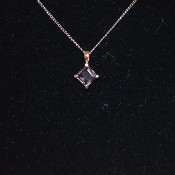 Necklace Pendant Chain Metal Gem Stone Purple Transparent Square Faceted 1/3' - Picture 2 of 3